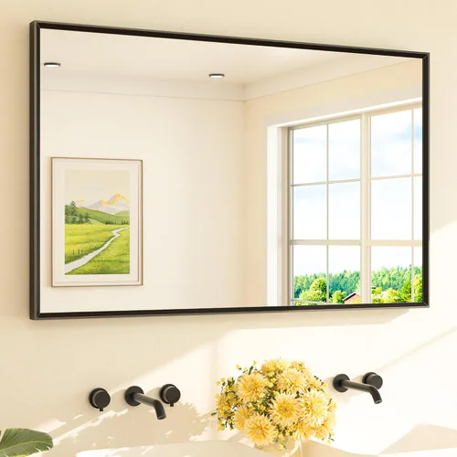 Vista 75 de TETOTE Espejo de baño dorado cepillado de 20" x 30", espejo de tocador de baño rectangular de latón dorado cepillado con marco biselado para sobre