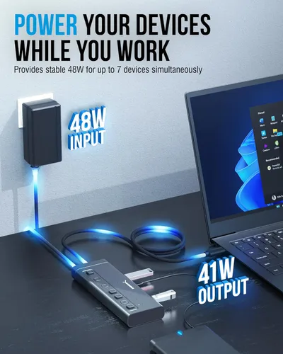Vista 3 de SABRENT Hub USB-C de 7 puertos con interruptores de alimentación, USB 3.2 de 5 Gbps, concentrador alimentado de 48 W con 3 puertos USB-A + 4 puertos