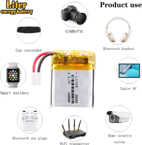 Vista 5 de Liter 3.7V 120mAh 302025 Lipo Batería recargable de iones de polímero de litio con conector JST 0.079 in