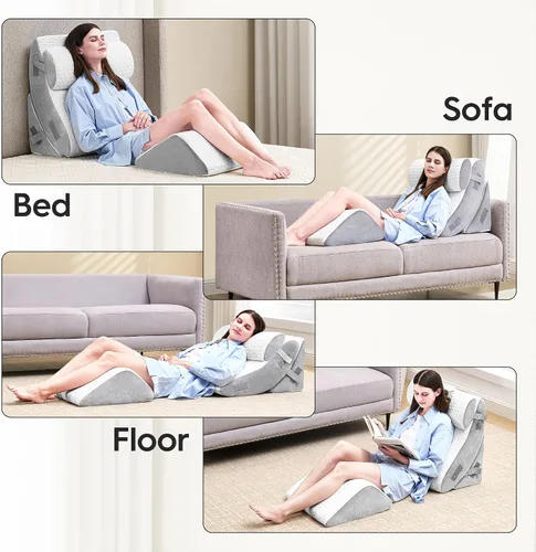 Vista 7 de BedLuxury Juego de 4 almohadas ortopédicas de cuña para cama con espuma viscoelástica para dolor de espalda, poscirugía, almohada de espuma