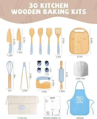 Vista 4 de Juego de cocina Montessori de madera para niños, herramientas de cocina reales y utensilios para hornear, kit de cocina de 15 piezas para niños