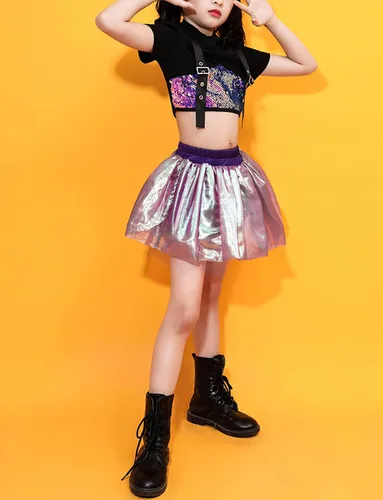 Vista 4 de Happy Cherry Ropa de baile Hip Hop para niñas, chaqueta de lentejuelas, vestido de jersey, conjunto de animadoras, disfraz de jazz callejero