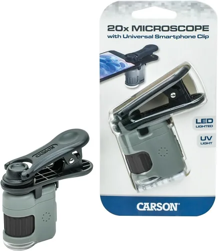 Vista 4 de Carson MicroMini - Microscopio de bolsillo con iluminación LED y linterna UV integrada y clip adaptador universal para digiscopio para smartphone