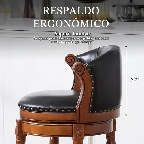 Vista 2 de RAINMOOD Taburete de bar, taburetes de bar giratorios de estilo moderno de mediados de siglo con asiento de cuero y patas de madera, silla