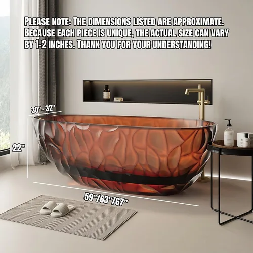 Vista 7 de Bañera independiente transparente de 67 pulgadas – Bañera de superficie sólida de diseño con textura ondulada, bañera de remojo extra profunda