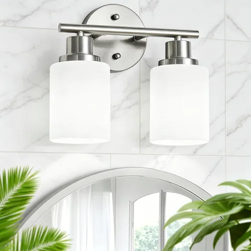 Vista 51 de Paquete de 2 luces de tocador de 1 luz, lámpara de baño de níquel cepillado con pantalla de vidrio blanco lechoso texturizado, accesorio