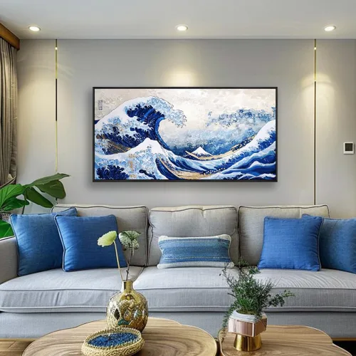 Vista 2 de The Mode Art The Great Wave Off Kanagawa - Lienzo enmarcado para pared, cuadros abstractos de paisaje marino, arte japonés moderno para decoración