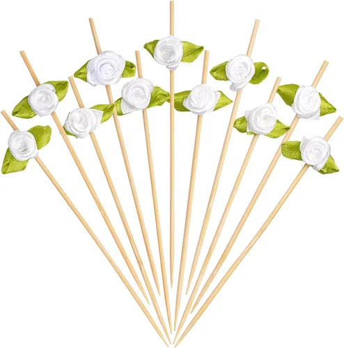 Vista 15 de Minisland Palillos de cóctel de flores de rosas multicolores, palillos de bambú de 4.7 pulgadas de largo para aperitivos, despedida de soltera