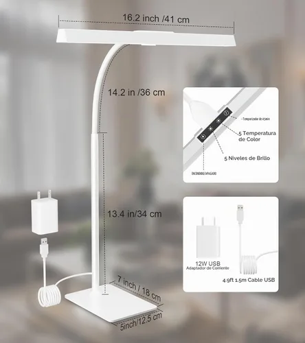 Vista 9 de Lámpara de escritorio LED para oficina en casa con base, luz de escritorio Blanco