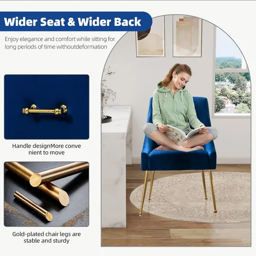 Vista 7 de Juego de 2 sillas de comedor de terciopelo, sillas de comedor tapizadas con patas de metal dorado pulido, sillas auxiliares de cocina de granja, Azul