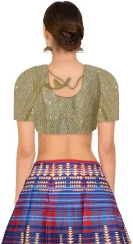 Vista 2 de PARUL TEXTILE INDUSTRY Blusa de seda artística con espejo para mujer, media manga, ajuste regular, talla libre (dorado), Dorado