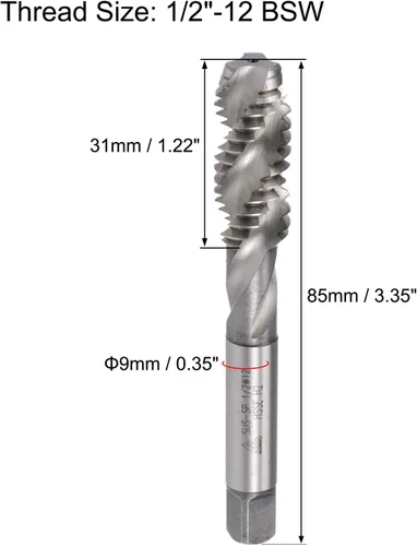 Vista 2 de uxcell 1/2 "-12 BSW espiral flauta roscada, herramienta de roscado de máquina HSS-cobalto tornillo roscado herramienta para reparación de roscas