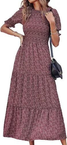 Vista 162 de BTFBM Vestidos para mujer, cuello redondo, casual, de verano, con volantes, manga corta, bohemio, con niveles, fruncido, largo, con estampado floral