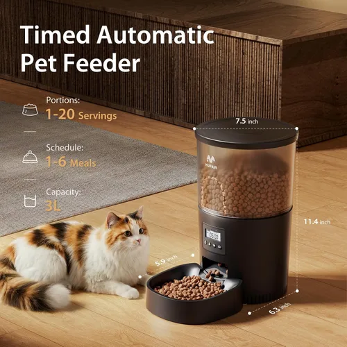 Vista 7 de IMIPAW Alimentadores automáticos para gatos, dispensador de alimentos secos para gatos con temporizador de 3 litros, fuente de alimentación doble