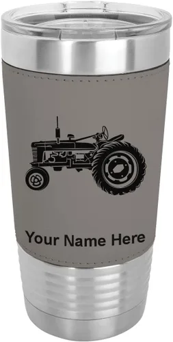 Vista 16 de LaserGram Vaso aislado al vacío de 20 onzas, Old Farm Tractor, grabado personalizado incluido (piel sintética, estilo béisbol) Engraved Gift, Faux