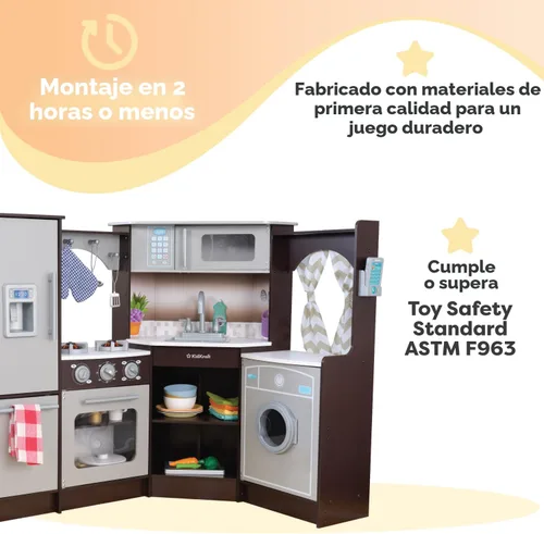 Vista 4 de KidKraft Ultimate - Cocina de esquina de madera con luces y sonidos, teléfono de juego y cortinas, Espresso, regalo para niños de 3 años en adelante
