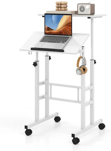 Vista 11 de Tangkula Escritorio de pie móvil, escritorio portátil con ruedas Height-adjustable Standing Table w/Tilting Tabletop, Laptop Workstation w/Hanging