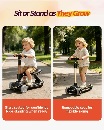 Vista 3 de 2-in-1 Toddler Scooter with Seat, First Scooter for Kids Ages 2–5, Sit-to-Stand Training Scooter, 3 Wheel Lean-to-Steer, Adjustable Handlebars