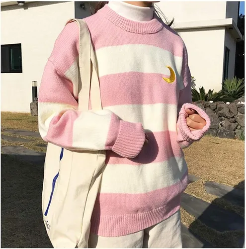 Vista 2 de Suéter Harajuku Moon para mujer, con cuello redondo, a rayas, para invierno, para estudiantes