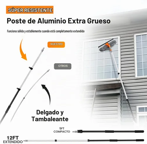 Vista 4 de ARTIPOLY Escobilla de ventana de alto alcance de 20 pies con poste de extensión telescópico de aluminio extra grueso de 5 a 12 pies Herramienta