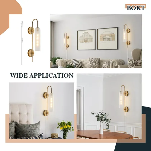 Vista 5 de BOKT Apliques de pared modernos de mediados de siglo con enchufe para interiores, largos, oro cepillado, vidrio blanco leche, apliques