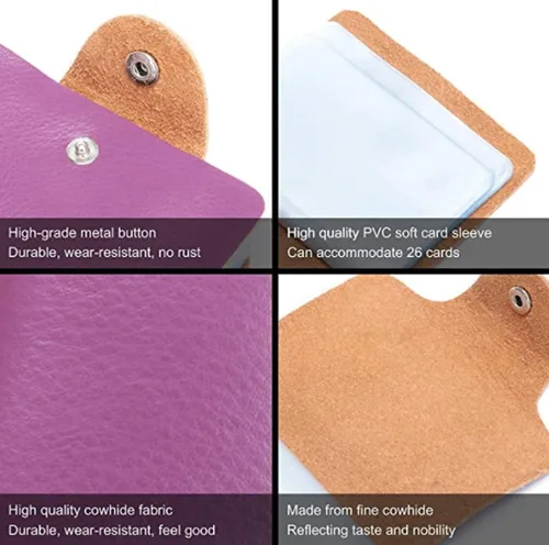 Vista 5 de YaJaMa Cartera para tarjetas de crédito, pequeña, de piel auténtica, 26 ranuras, para tarjetas, organizador para mujeres y hombres, Púrpura, Cartera