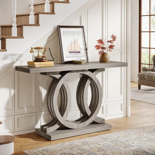 Vista 10 de Tribesigns Mesa consola de 55 pulgadas con base de madera geométrica, mesa de entrada moderna con mesa gruesa para sala de estar, pasillo, Marrón