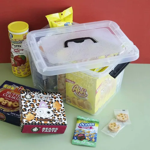 Vista 5 de Caja de plástico transparente de 10 L, contenedor de almacenamiento de plástico con tapas, paquete de 4 Clear Plastic Material, Snap Side Latches