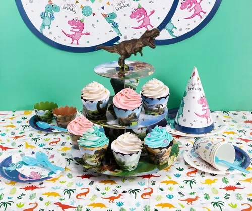 Vista 5 de Soporte para cupcakes de dinosaurio de 3 niveles para fiesta de cumpleaños de niños, soporte de cartón para 24 cupcakes