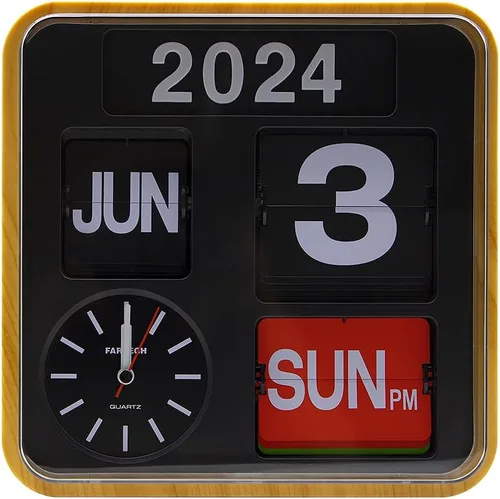 Vista 7 de Reloj de pared retro moderno de 9.45 pulgadas con calendario, fecha, escritorio abatible, negro, (sin batería incluida) (ámbar)