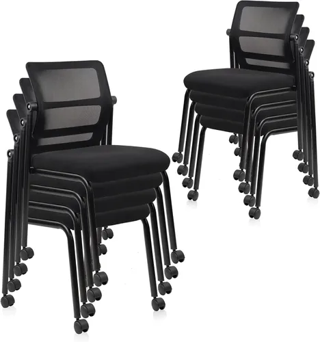 Vista 10 de CLATINA Silla de oficina apilable sin brazos con ruedas, sillas apilables de malla para recepción de invitados con respaldo ajustable para sala
