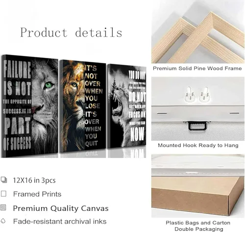 Vista 2 de 3 Piezas de Arte de Pared Inspirador para Oficina, Lienzo Moderno con Citas Motivacionales, Imágenes en Blanco y Negro de León, Decoración de Pared