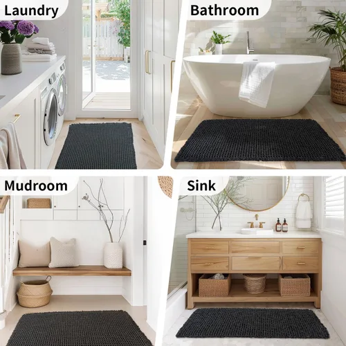 Vista 8 de Alfombra de baño negra – Alfombra de baño antideslizante y lavable, súper absorbente y de secado rápido, pequeña alfombra de baño bohemia para Negro