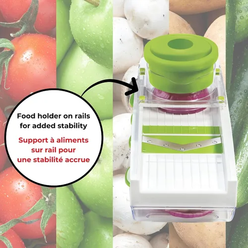 Vista 5 de Starfrit Easy Mandoline Slicer, Dicer - 5 cuchillas - Cuchillas rectas y arrugadas, Julienne, rallador y triturador - Empujador de autoalimentación
