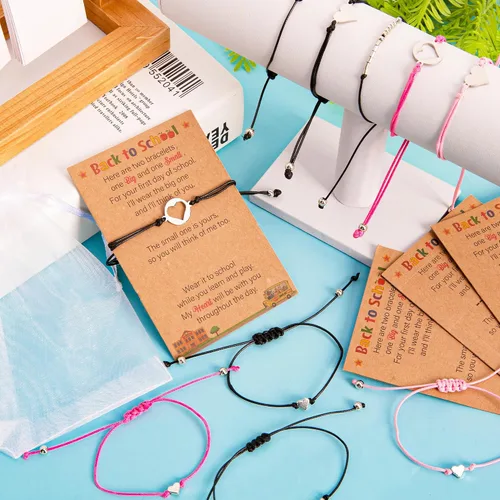 Vista 6 de EOBOH Suministros de pulsera de regreso a clases, pulsera para el primer día de jardín de infantes para mamá y yo, pulsera ajustable de deseos