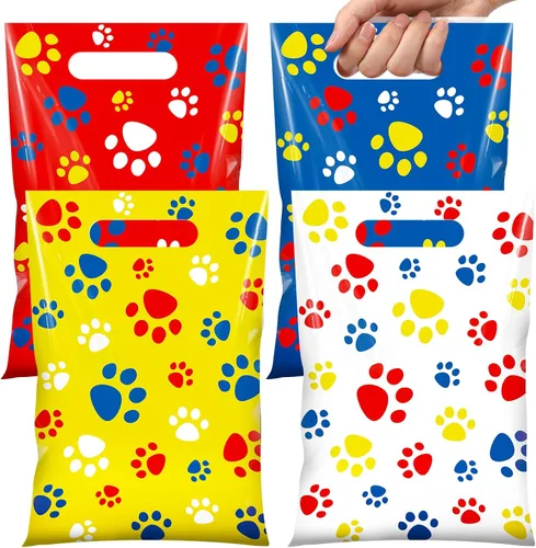 Vista 19 de Pasimy 100 bolsas de regalo de pata de perro a granel, diseño de pata de mascota, bolsas de plástico con asa para decoración de fiesta de cumpleaños