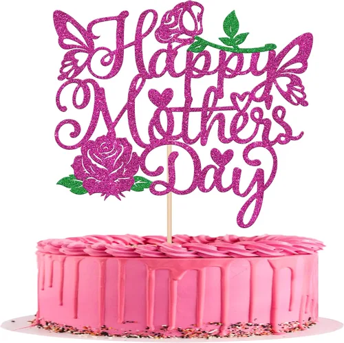 Vista 17 de Rsstarxi 1 paquete de decoración para pastel con flores de purpurina con doble corazón Love Mom Best Mom Best Mom Cake Pick Decoraciones para feliz