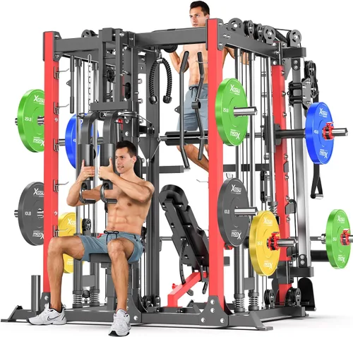 Vista 29 de XGSW Smith Machine Gimnasio en casa, jaula de potencia multifunción con sistema cruzado de cable de polea doble, estante para sentadillas