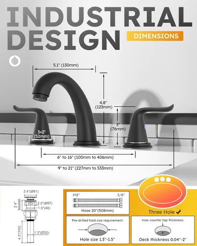 Vista 7 de WOWOW Grifo de Baño Extendido - 3 Orificios, Negro, Centro de 8 Pulgadas, Doble Manija, Arco Alto, Grifo de Lavabo con Ensamble de Drenaje Pop-Up