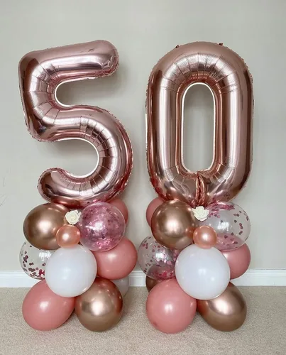 Vista 7 de Globos de 101,6 cm con número 50 en color oro rosa, globos gigantes de aluminio de 50, globos de helio con número digital en oro rosa, globos de oro