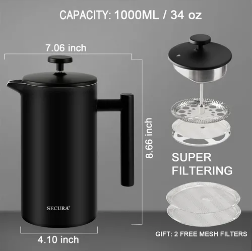 Vista 3 de Secura Cafetera de prensa francesa con filtro de acero inoxidable de 3 capas, 34 onzas, negro, diseño aislado de doble pared con 2 filtros