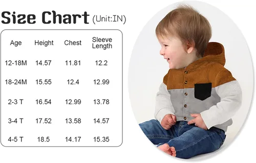 Vista 6 de TITKKOP Ropa de otoño e invierno para niño pequeño, sudadera con botones de pana, sudadera con bloque de color, bolsillo parcheado, abrigo