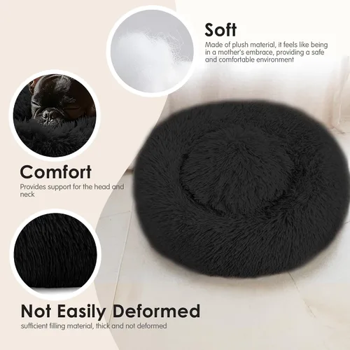 Vista 4 de Hoewina - Cama redonda, calmante, en forma de rosquilla, lavable, esponjosa para interiores, perros y gatos pequeños y medianos, negro, 20 pulgadas