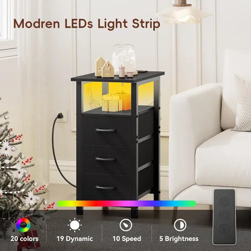 Vista 6 de Vagusicc Mesita de noche negra con estación de carga y luces LED, mesa auxiliar estrecha, mesita de noche LED con 3 cajones de tela para dormitorio