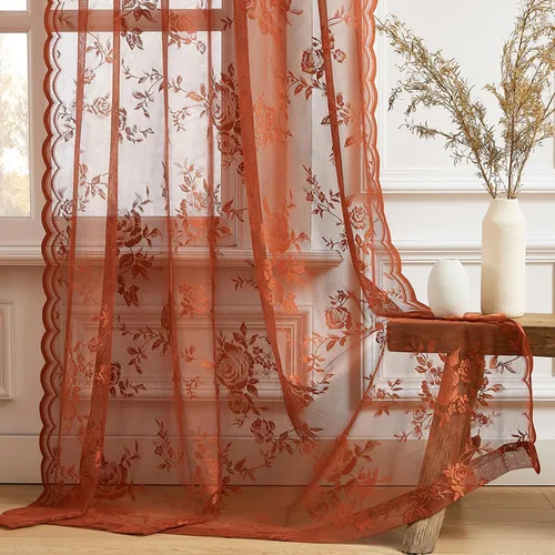 Vista 33 de Cortinas de encaje beige, juego de 2 paneles de cortinas traslúcidas con bolsillo para cortinero, decoración de ventana pequeña, baño, sótano