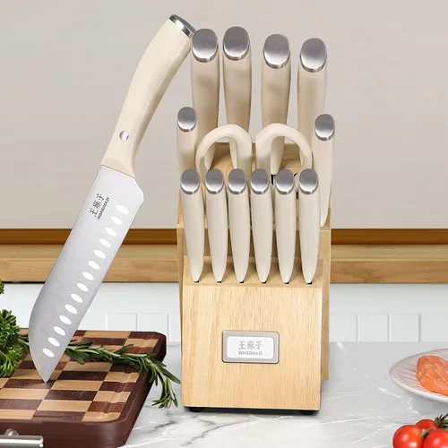 Vista 8 de WANGMAZI Juego de 15 cuchillos de acero inoxidable japonés de alto carbono, juego de cuchillos afilados para cocina, apto para lavavajillas, caja