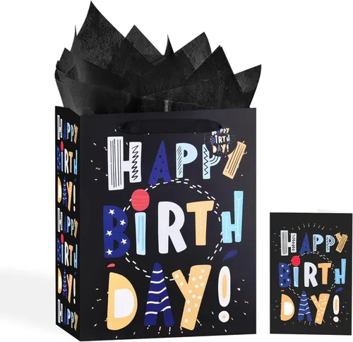 Vista 35 de Powbrace Bolsa de regalo de cumpleaños número 30 negra de 13 pulgadas con papel de seda y tarjeta de felicitación para fiestas, bolsa de regalo