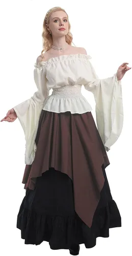 Vista 3 de CR ROLECOS Disfraz renacentista para mujer, vestido medieval campesino, manga trompeta, camisa y falda victoriana