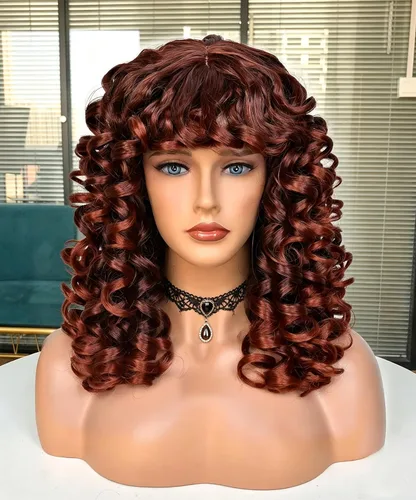 Vista 8 de Pelucas afro rizadas para mujeres negras, peluca larga y rizada con flequillo, fibra sintética esponjosa, sin pegamento, para cosplay y uso diario