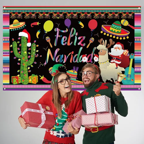 Vista 3 de Decoraciones de Feliz Navidad, telón de fondo para fotografía, pancarta de Navidad mexicana, decoraciones de Navidad y suministros para fiesta